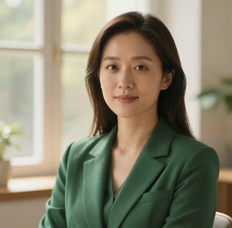 Warm environmental portrait of a professional female psychologist in her 30s, approachable and serene, looking at the camera, wearing a deep green blazer, soft natural window light, shallow depth of field.