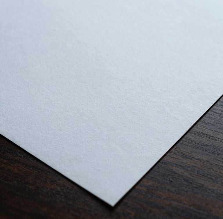 Macro detail of high-end textured paper documents on a clean dark oak desk, soft overcast daylight, cool shadows, sharp focus