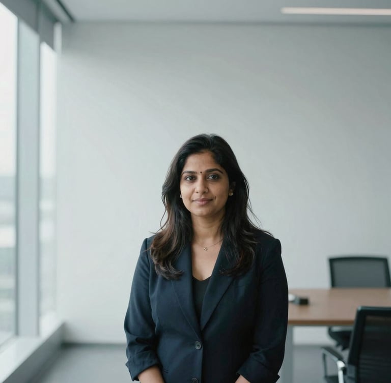 A professional and confident portrait of CA Nancy Singhal in a modern, minimally designed office space, soft overcast daylight, cool desaturated tones, 35mm