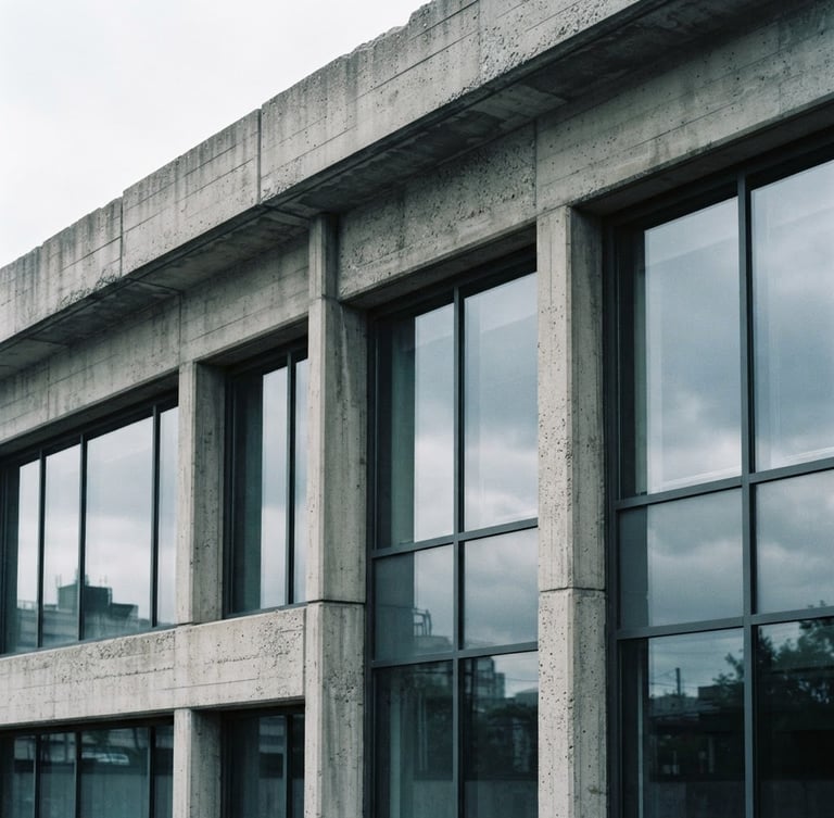A close-up architectural shot of concrete lines and glass facade, soft overcast daylight, cool desaturated tones, sharp focus, 35mm