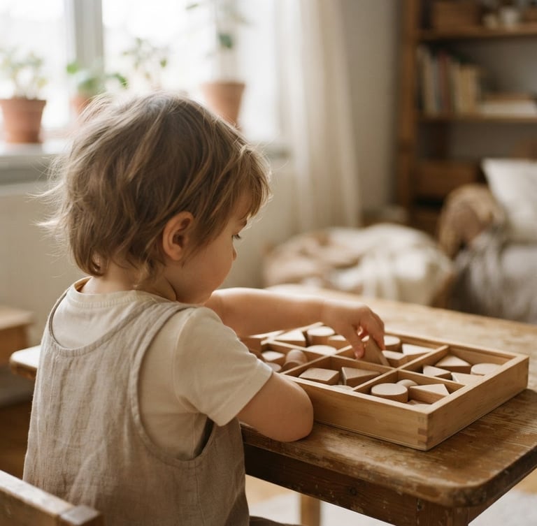 Over-the-shoulder view of a child engaged in a focused cognitive sorting task with wooden blocks, soft natural window light, warm sand tones, shallow depth of field