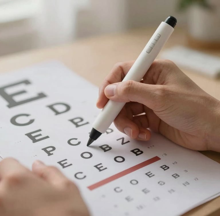 Close-up on hands guiding a specialized therapeutic light pen across a structured vision chart, soft diffused natural light, shallow depth of field