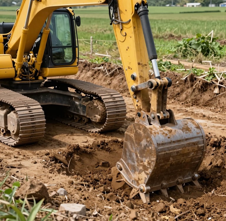 Close-up portrait view of a modern yellow retroexcavadora bucket digging a clean, precise trench, with a focus on the machinery's robust design and the neatness of the excavated earth. Bright natural daylight, no people visible.