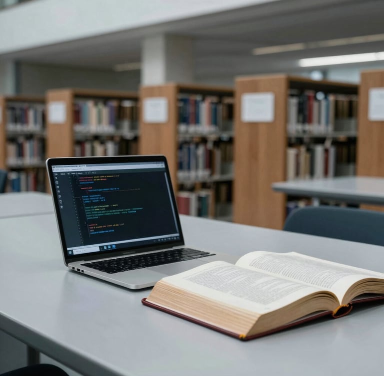 Editorial documentary photography, cool natural daylight, a modern library table with a laptop displaying code next to open leather-bound law books, sharp focus, 35mm