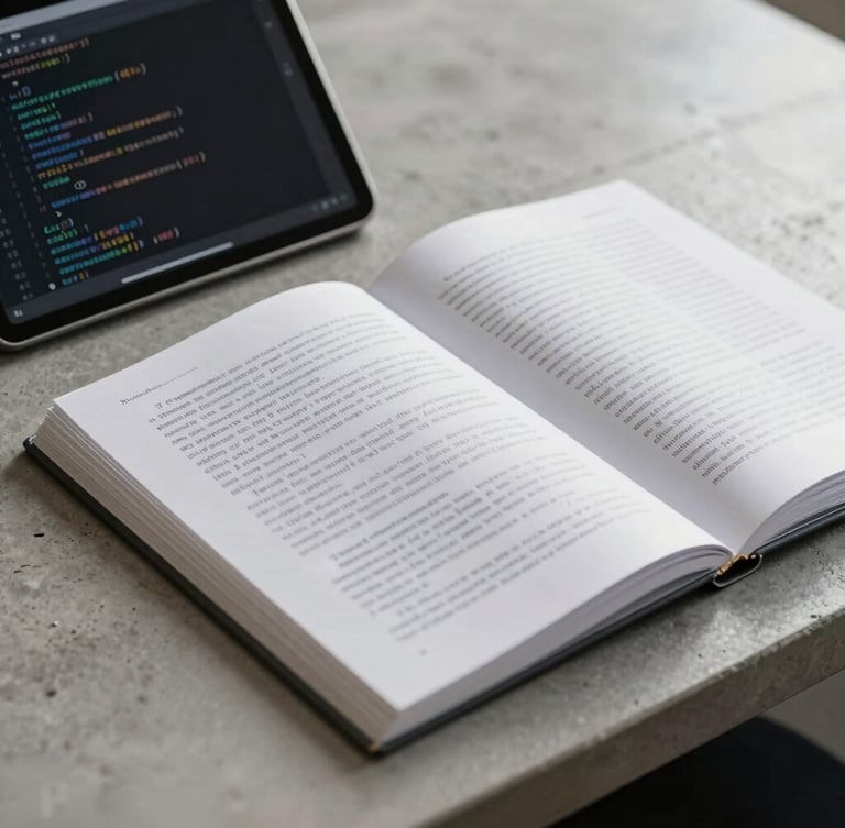 Close-up of a modern legal text open on a concrete desk beside a tablet displaying clean code, cool natural daylight, desaturated academic tones, sharp focus, 35mm