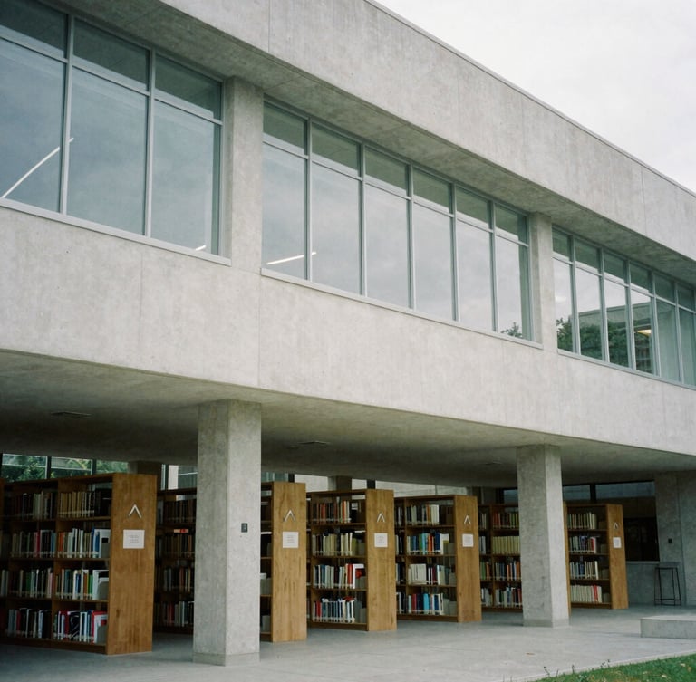 Modern university library with clean architectural lines, concrete and glass, quiet research environment, desaturated academic tones, 35mm.