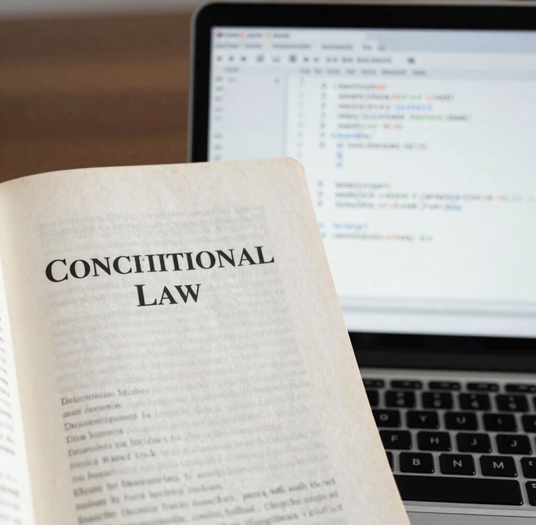 Close-up of a vintage constitutional law textbook next to a modern laptop screen displaying clean software code, cool natural daylight, desaturated academic tones, 35mm.