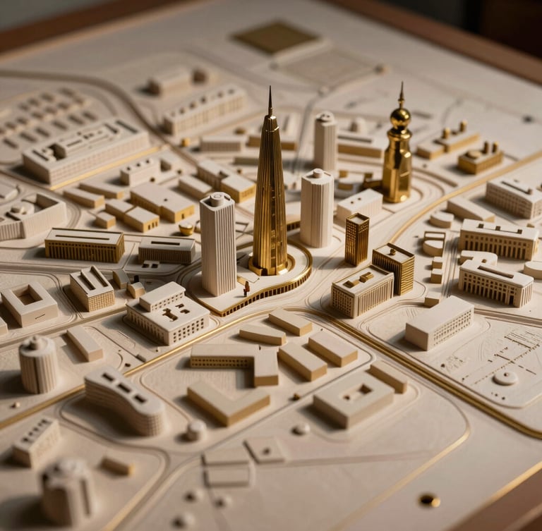 Close-up of a physical architectural model of Riyadh urban planning, textured plaster and brass detailing, warm side lighting, high contrast