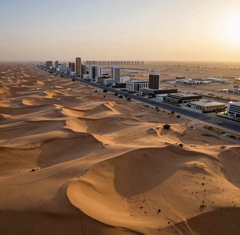 Panoramic aerial view of raw desert land meeting modern architectural lines in Riyadh's growth corridors, golden hour lighting with long dramatic shadows