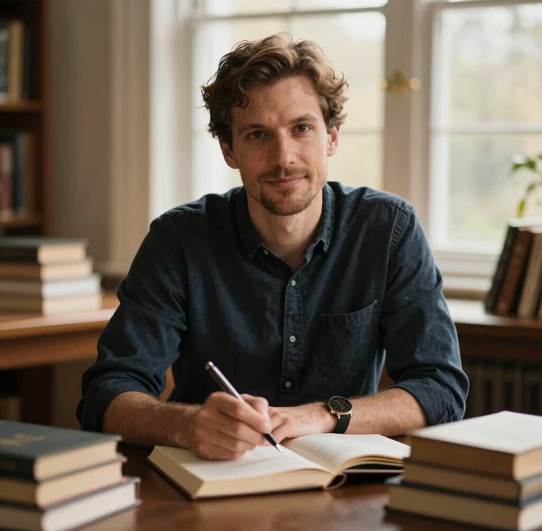Warm environmental portrait of a Christian author in his study, surrounded by books, holding a pen, soft natural window light, 35mm, shallow depth of field