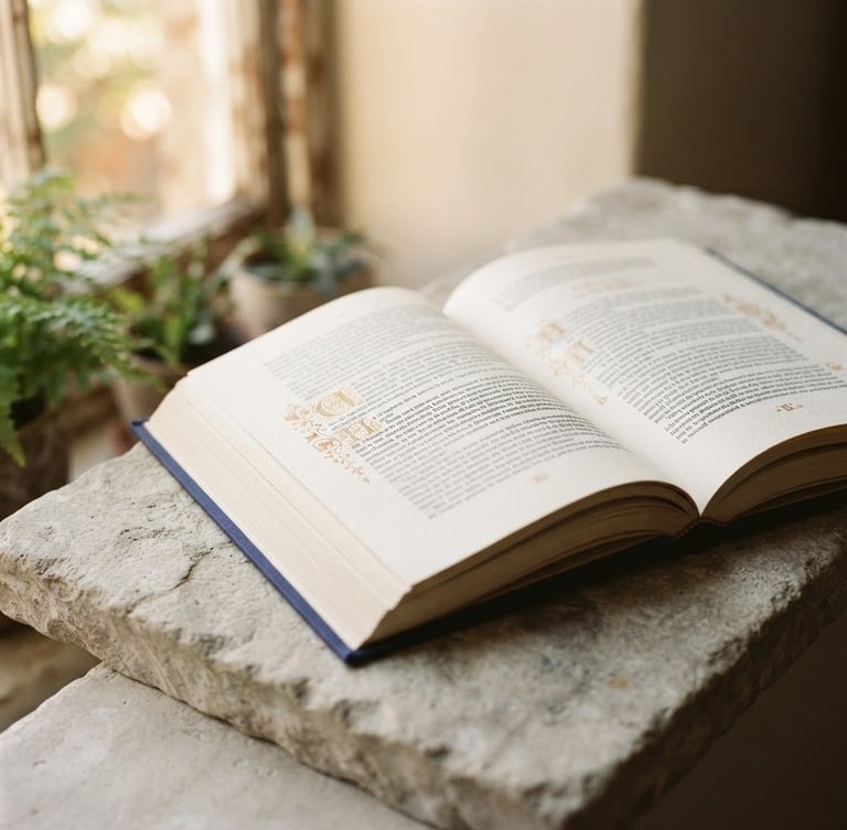 Photorealistic book mockup resting on a natural light grey stone surface, warm natural window light with soft shadows, deep ink tones and golden amber accents, shallow depth of field, 35mm