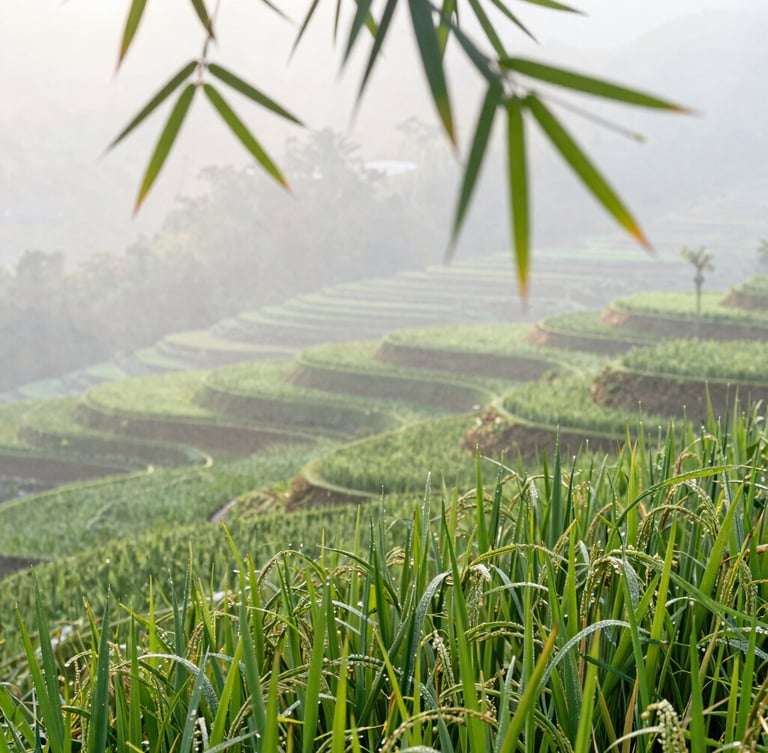 Beautiful close-up of green rice terraces in Ciseeng with morning dew, soft sunlight filtering through bamboo leaves, 35mm editorial photography