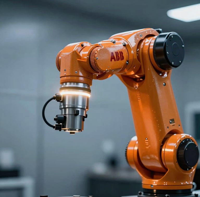 Extreme close-up of an ABB robotic arm joint, dramatic rim lighting on orange metallic casing, cool metallic background, sharp focus, 35mm lens