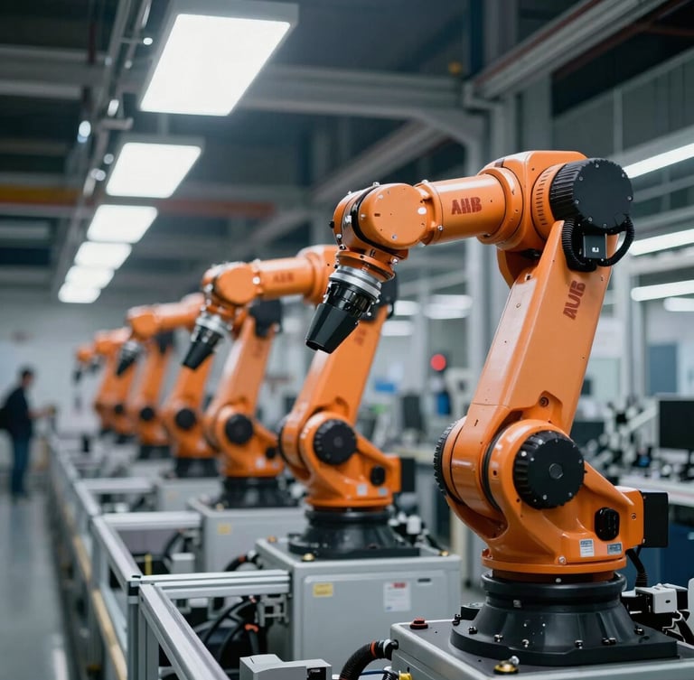 Wide-angle shot of a clean automotive assembly line, ABB robots operating in sequence, cool metallic tones, sharp focus, 35mm lens.