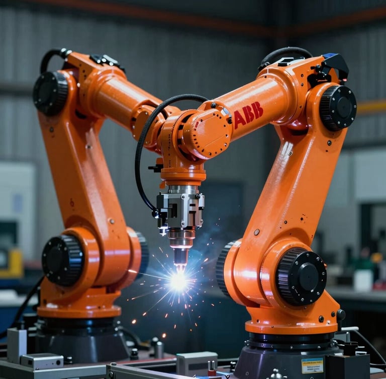 Close-up of an orange ABB industrial robotic arm performing high-precision welding, dramatic rim lighting on metallic joints, cool dark factory background, 35mm lens