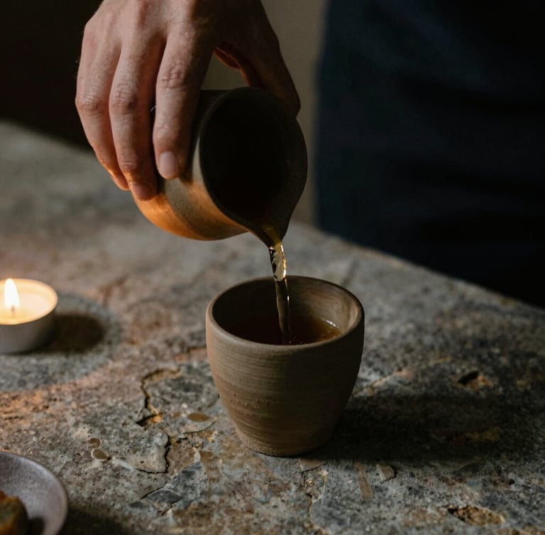 A close-up of hands pouring tea into a raw clay cup on a weathered stone surface, warm candle glow, soft shadows, moody editorial 35mm film