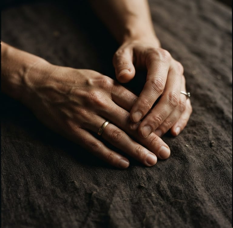 A close-up of hands resting on dark raw linen under low-key side-lighting, soft shadows, moody editorial 35mm film