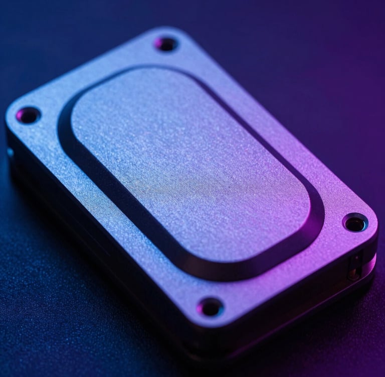 Macro close-up of secure hardware security module, metallic surfaces reflecting cool blue and deep purple ambient backlighting, sharp focus, medium format.