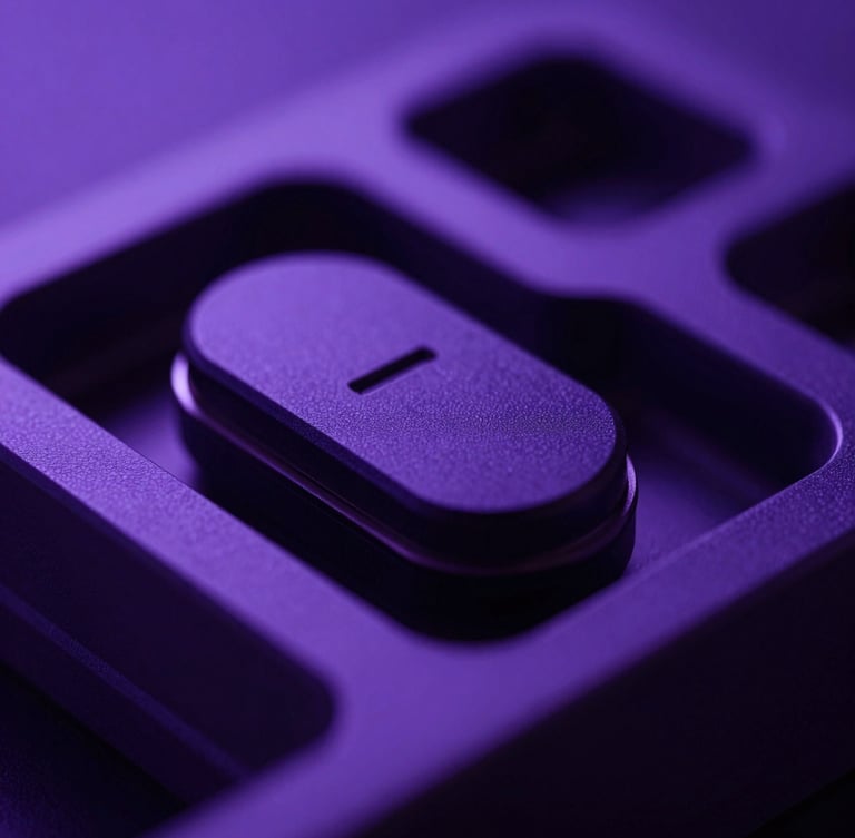 Macro close-up of a secure hardware security module, cool studio lighting with precise violet and deep indigo backlighting, sharp focus, medium format architectural geometry.