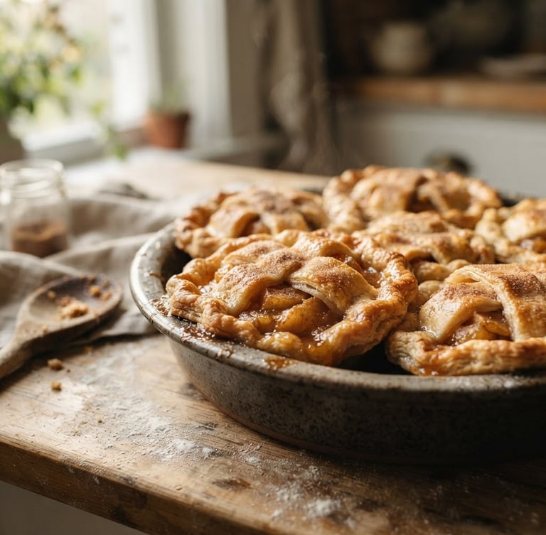 Warm editorial food photography of golden-brown pies fresh from the oven, soft morning window light, rich golden tones, shallow depth of field, 35mm