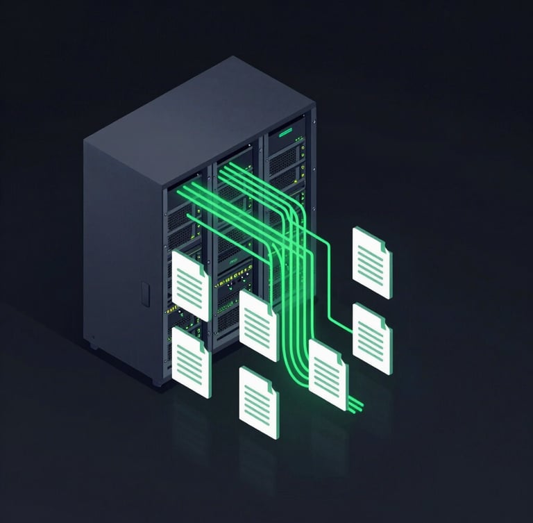 High-contrast digital rendering of an isometric server rack pipeline with neon green data streams flowing into structured document nodes, dark background.