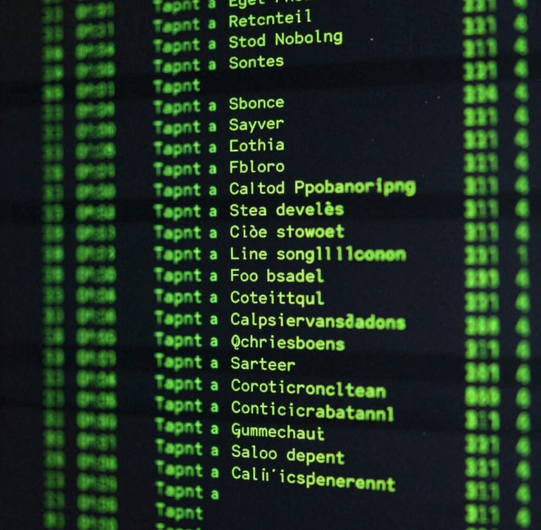 Macro shot of a dark terminal interface displaying active server logs, crisp neon green text, high-contrast digital execution, 21:9 framing