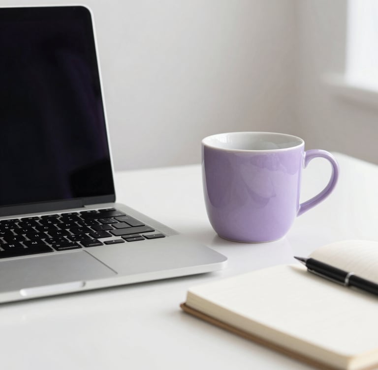Bright editorial photo of a clean modern workspace with a high-end laptop, notebook, and a soft violet ceramic cup, illuminated by soft natural daylight, minimalist background.