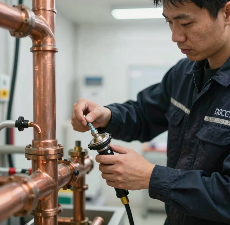 Close-up of a professional technician in a dark navy uniform pressure-testing a copper manifold installation in a brightly lit utility room.