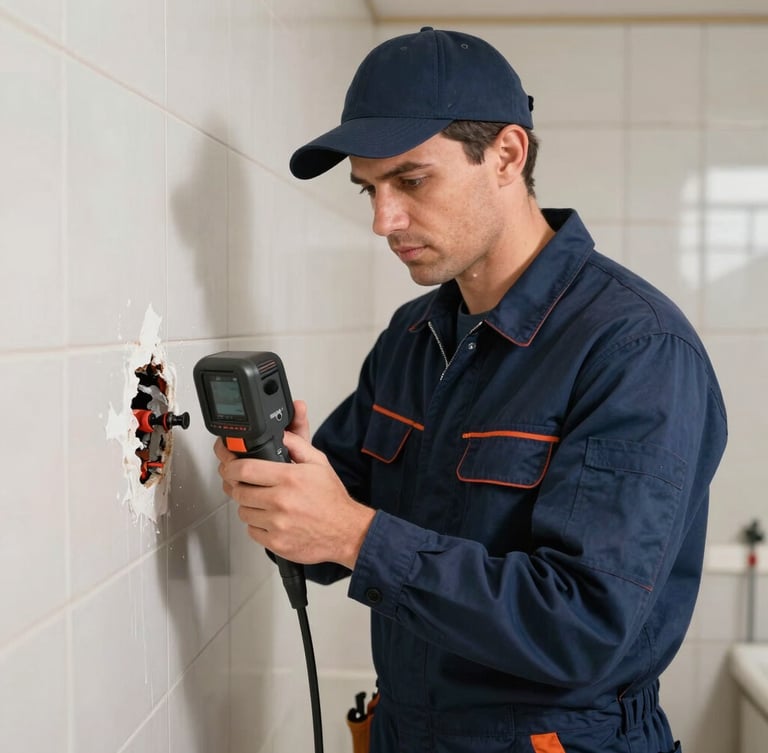A professional plumber in a navy blue uniform using a thermal imaging camera to detect water leaks behind a tiled wall
