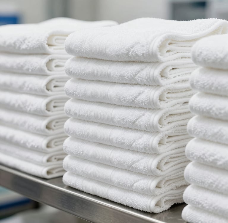 Stacks of neatly folded white cotton bath towels on a clean steel shelf inside a bright, modern production facility, daylight