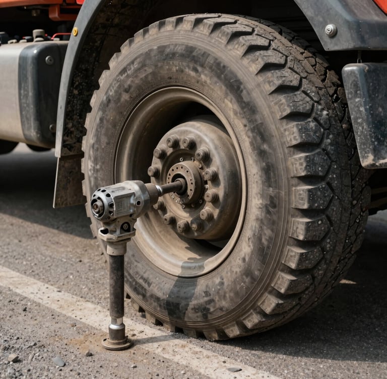 Close-up gritty documentary photo of heavy-duty impact wrench changing a massive truck tire on a dusty road shoulder, sharp focus, 35mm
