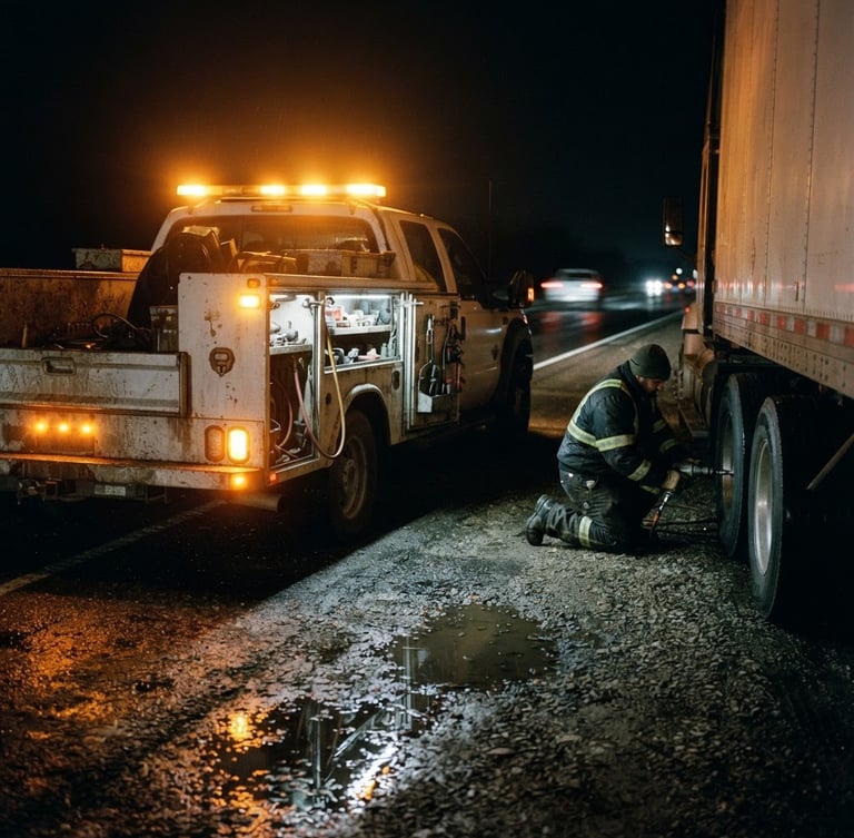 Gritty documentary photography of a heavy-duty mobile tire repair truck on a dark highway shoulder at night, bright amber emergency strobe lights reflecting on wet asphalt, sharp focus, 35mm