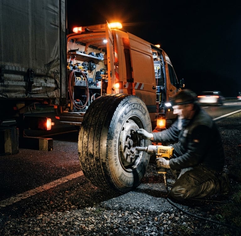 Close-up of a high-visibility orange mobile workshop van parked on a dark highway shoulder at night, emergency strobe lights casting a bright glow on a massive truck tire, 35mm gritty documentary style.