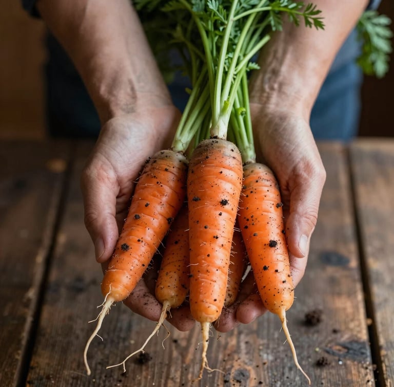 Close-up of farmer's hands holding soil-dusted heirloom carrots in soft, directional morning light, rustic wood background, Scandinavian aesthetic.
