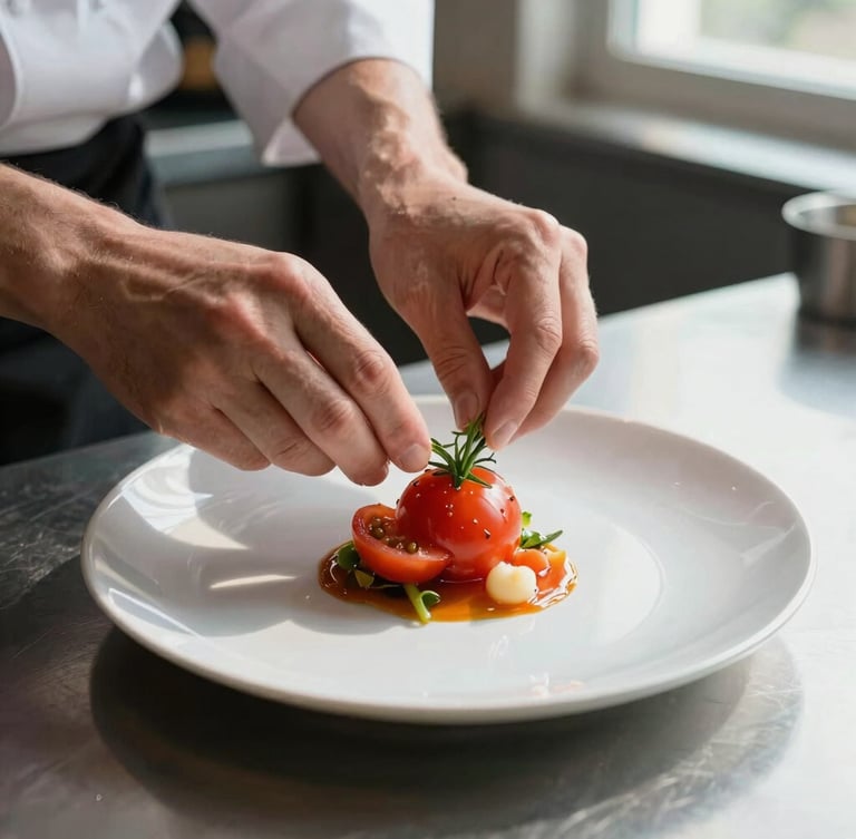 A chef's hands carefully plating a delicate heirloom tomato dish, soft natural window light casting gentle shadows, stainless steel prep table in the background, close-up shot.