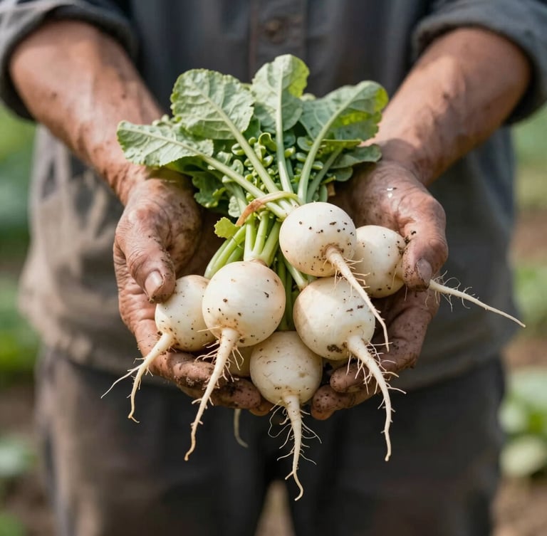 A close-up shot of a farmer's dirt-stained hands holding a bunch of freshly harvested heritage radishes in soft, directional natural daylight.