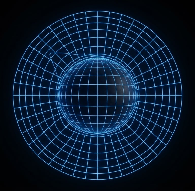 Orthographic projection of a gravitational field grid over a dark sphere, glowing electric blue vector lines on a deep obsidian background, sharp technical precision