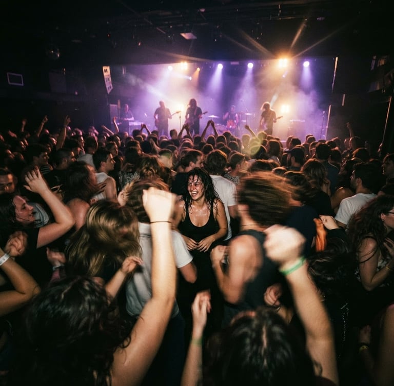 Dynamic wide-angle crowd shot of a packed dance floor under dramatic violet and amber stage lighting, motion blur, lens flares, low-light, high-contrast.