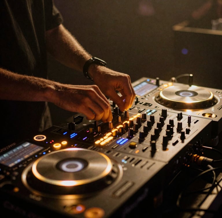 Close-up of professional DJ decks and mixer, clean setup, neon amber glow, hands on controls, low-light, high-contrast.