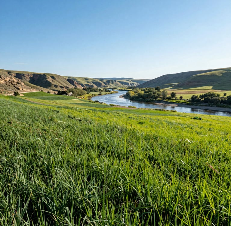 Wide environmental shot of sunlit river valley fields in Cornish Utah, crisp morning sunlight, vibrant green crops, sharp focus, 35mm lens.