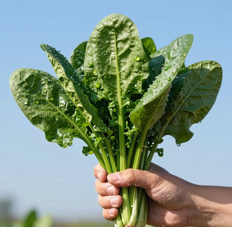 Close-up of soil-dusted hands holding a freshly harvested bunch of leafy green spinach, water droplets glistening in crisp morning sunlight, 35mm lens
