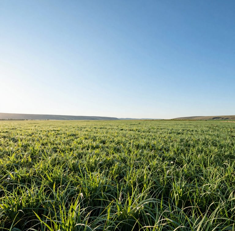 Wide panoramic shot of sunlit river valley fields in Cornish, Utah, morning dew on vibrant green crops, crisp blue sky, high-key natural morning light, 35mm lens