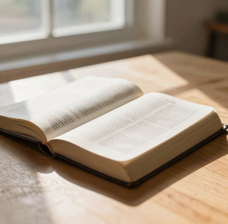 A close-up shot of an open Bible on a light oak table, soft morning daylight streaming through a window, warm tones, shallow depth of field, editorial photography