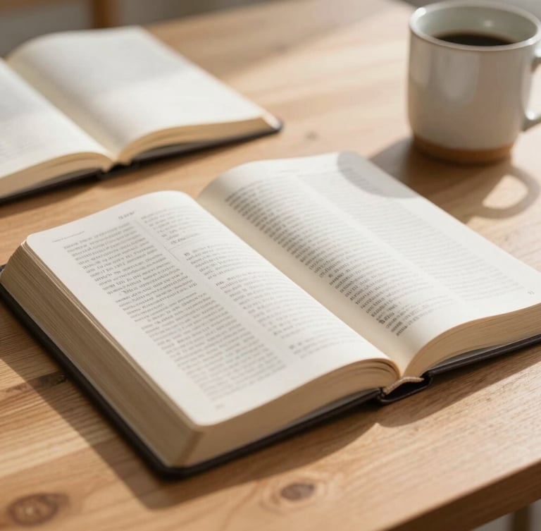 Close-up portrait of an open Bible on a light oak wooden table, soft morning daylight casting gentle shadows, a notebook and a ceramic mug nearby, shallow depth of field, warm and inviting atmosphere.