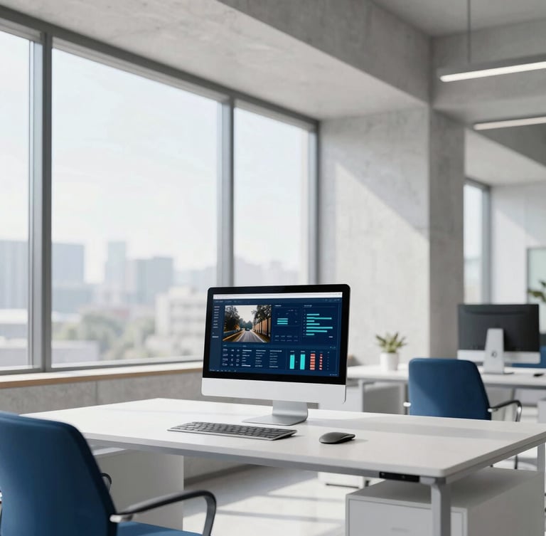 Bright modern office interior with architectural concrete lines, large windows letting in natural daylight, clean minimalist desk with a single monitor showing data charts, 35mm photography