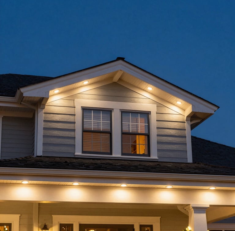 Elegant close-up of a well-maintained, illuminated roofline on a classic North Shore home at twilight, showing clean, custom-cut commercial-grade LEDs, sharp architectural details, 35mm.