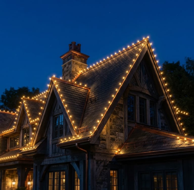 Close-up of custom-cut commercial-grade LEDs tracing an elegant roofline at twilight, warm golden glow, deep blue sky, sharp architectural details, 35mm