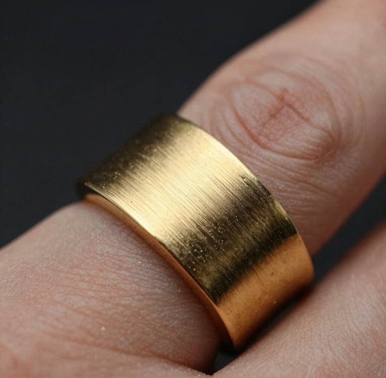 Extreme macro close-up of a heavy-gauge gold ring on a finger, focusing on the brushed champagne texture and sharp architectural edges under dramatic low-key lighting.