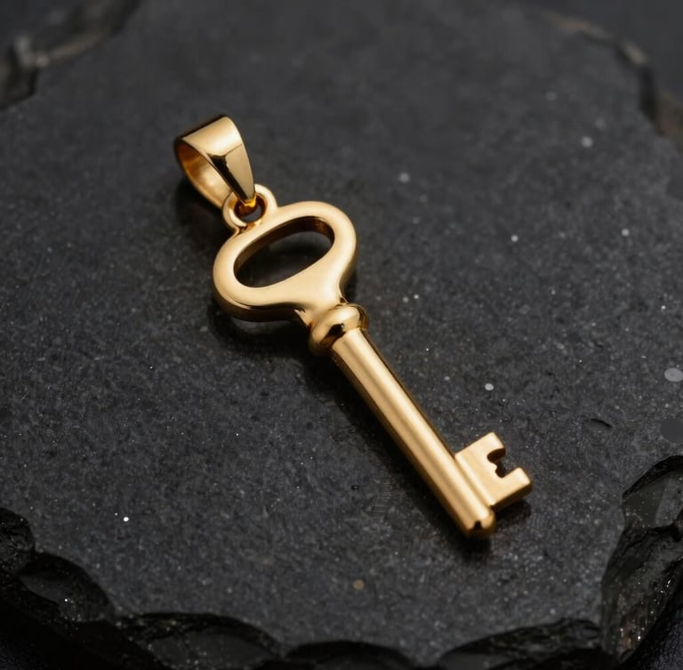 A single heavy gold pendant resting on dark polished obsidian stone, sharp directional key light highlighting the structural curves and deep shadows.