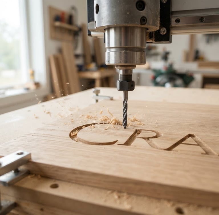 Close-up of a high-precision CNC router carving clean typography into light oak wood, soft natural side light, clean studio environment, sharp focus